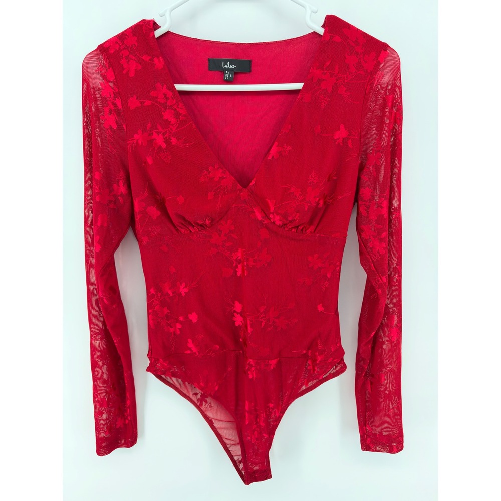 Lulus Floral Mesh Bodysuit Red Long Sleeve V-Neck Empire Waist Size S Romantic